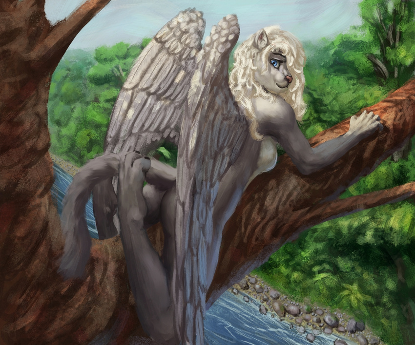 anthro blue_eyes breasts butt cougar efudek feathered_wings feathers feline female fur hair looking_at_viewer mammal nude smile solo wings