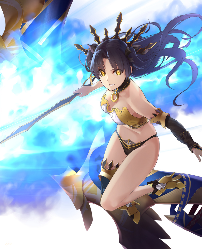 &gt;:) absurdres armor armored_boots bare_shoulders black_hair black_legwear black_panties black_ribbon boots breasts bridal_gauntlets choker cleavage commentary_request enosan fate/grand_order fate_(series) floating_hair from_side hair_intakes hair_ribbon high_heel_boots high_heels highres holding holding_sword holding_weapon ishtar_(fate/grand_order) long_hair long_legs looking_at_viewer looking_to_the_side medium_breasts open_mouth panties parted_lips revealing_clothes ribbon single_thighhigh smile solo stomach sword thighhighs tiara two_side_up underwear v-shaped_eyebrows weapon yellow_eyes