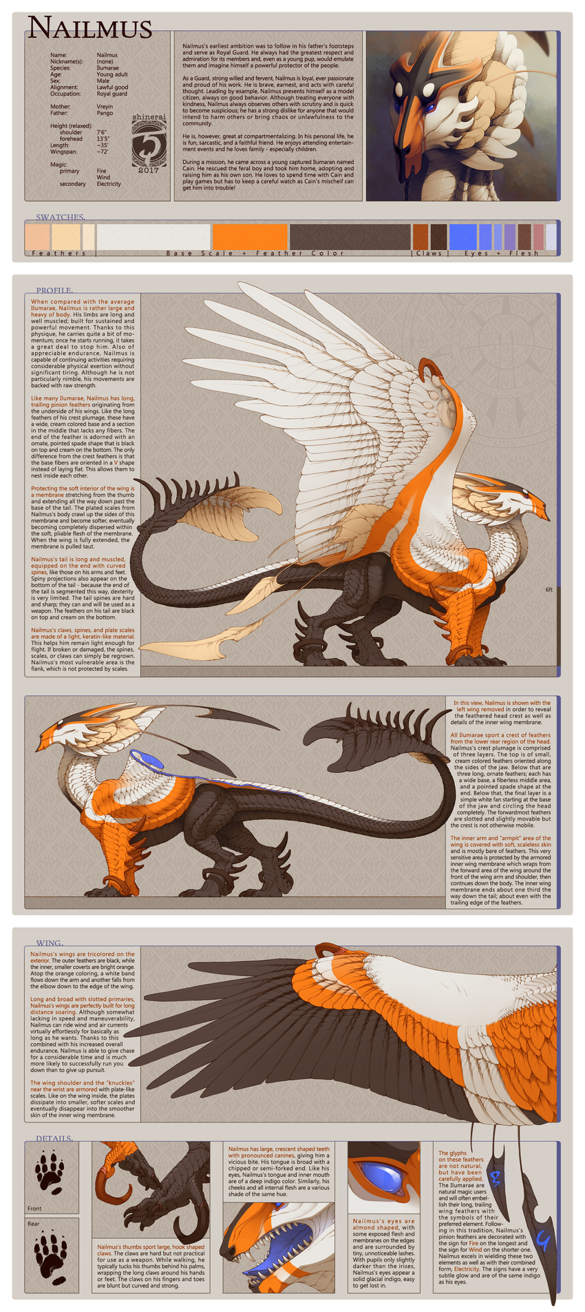 2017 blue_eyes blue_tongue claws digital_media_(artwork) dragon english_text feathered_dragon feathered_wings feathers feral grey_feathers male model_sheet open_mouth orange_feathers scales shinerai smile solo standing teeth text white_feathers wings
