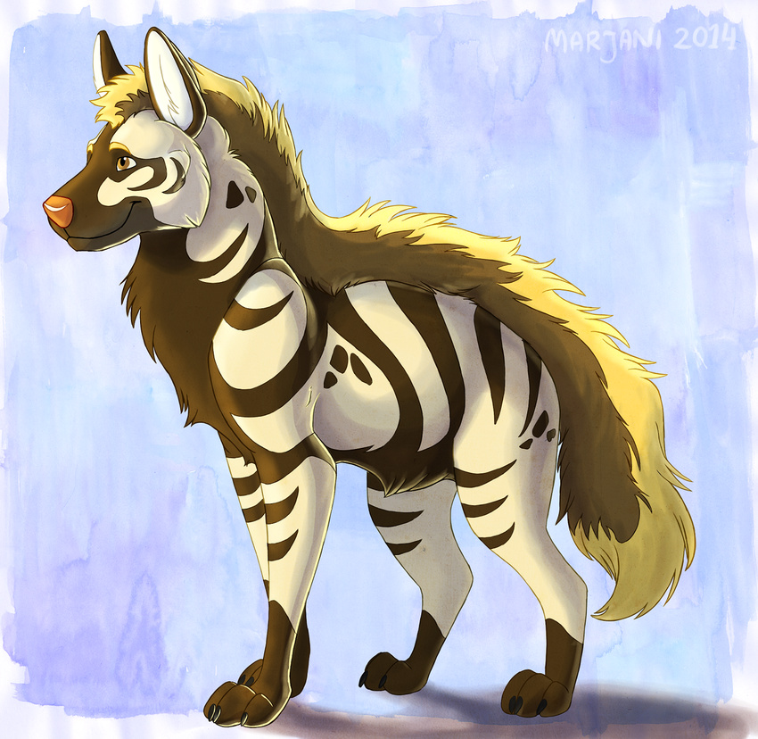 black_fur blue_background brown_eyes brown_fur claws eyebrows feral fur furiatek hyena mammal marjani multicolored_fur ooree orange_nose paws simple_background smile solo striped_hyena stripes white_fur yellow_fur