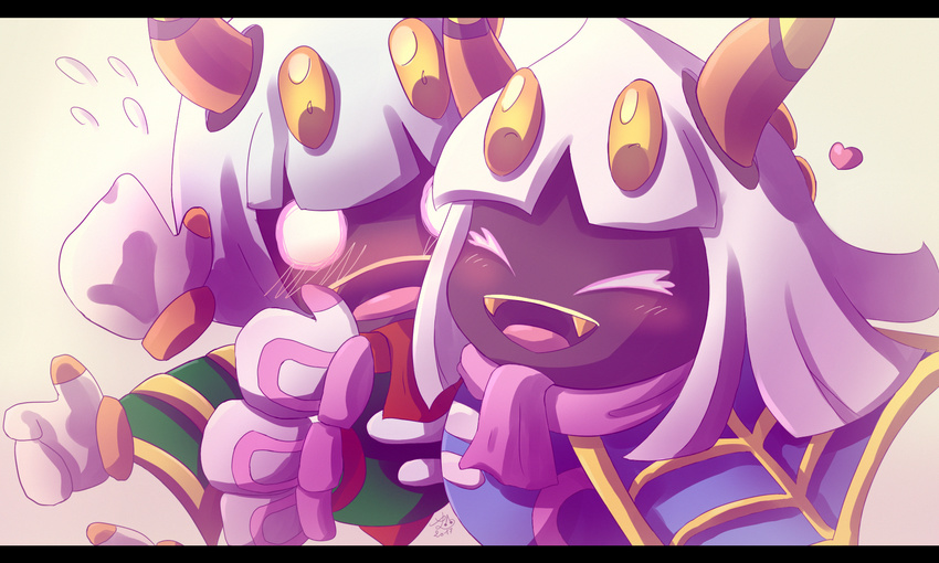 &lt;3 4_eyes 6_hands black_border border cape clothing curved_horn empty_eyes eyes_closed floating_hands hair horn kirby_(series) lyrae multi_eye nintendo pink_eyes queen_sectonia scarf sectonia simple_background spidr stinger taranza video_games wavy_horn white_background white_hair yellow_eyes