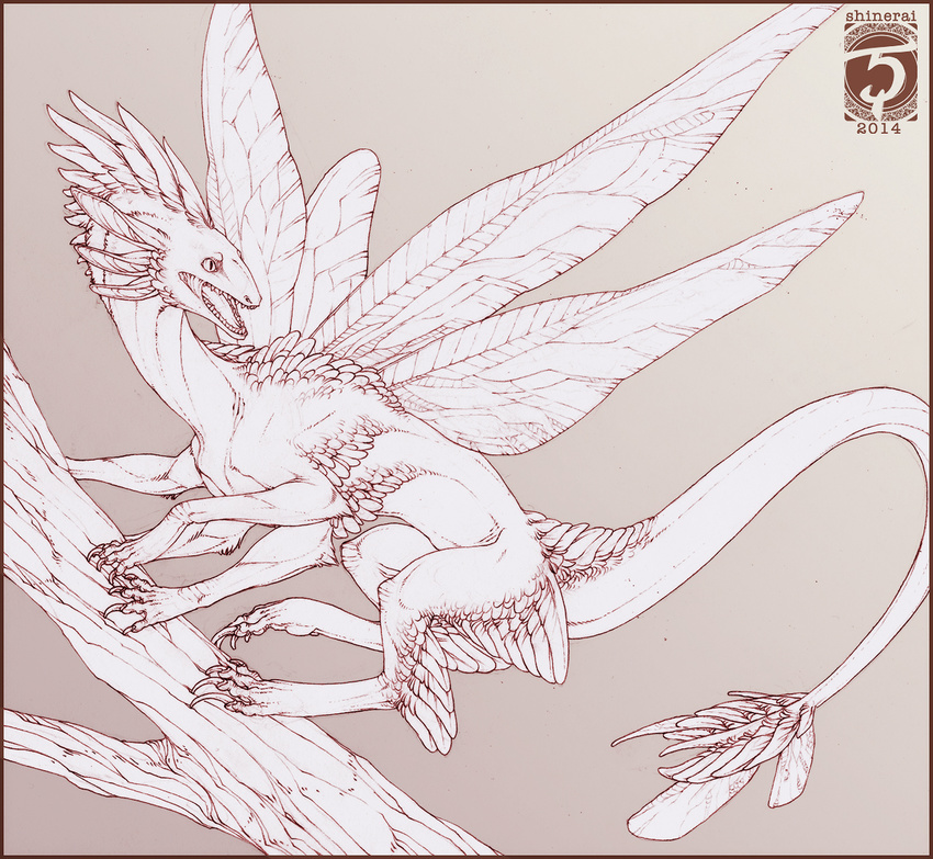 2014 claws dragon feral insect_wings open_mouth shinerai solo teeth tongue traditional_media_(artwork) wings