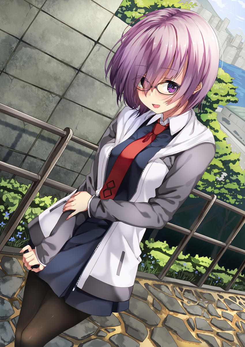 bangs black-framed_eyewear black_dress black_legwear blush commentary_request day dress dutch_angle eyebrows_visible_through_hair fate/grand_order fate_(series) glasses hair_over_one_eye highres hood hoodie looking_at_viewer mash_kyrielight necktie open_clothes open_hoodie open_mouth outdoors pantyhose path purple_eyes purple_hair railing red_neckwear road short_hair smile solo standing thighs unasaka_ryou