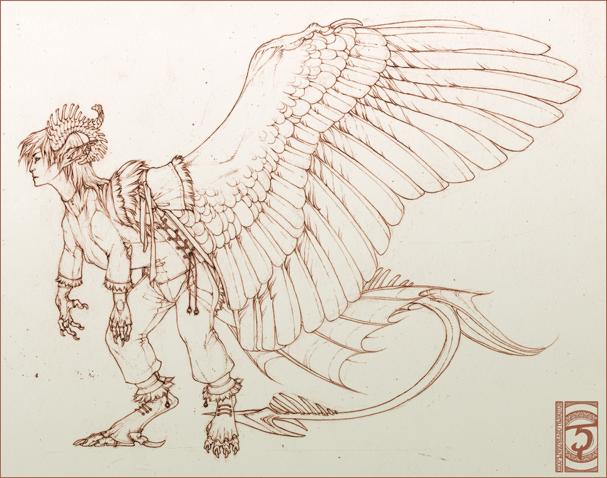 2014 anthro barefoot clothed clothing curved_horn digitigrade feathered_wings feathers horn ridged_horn shinerai sketch solo traditional_media_(artwork) wings