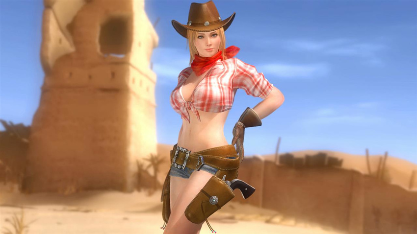 blonde_hair blue_eyes breasts cowgirl dead_or_alive dead_or_alive_5 gun hat large_breasts official_art tina_armstrong