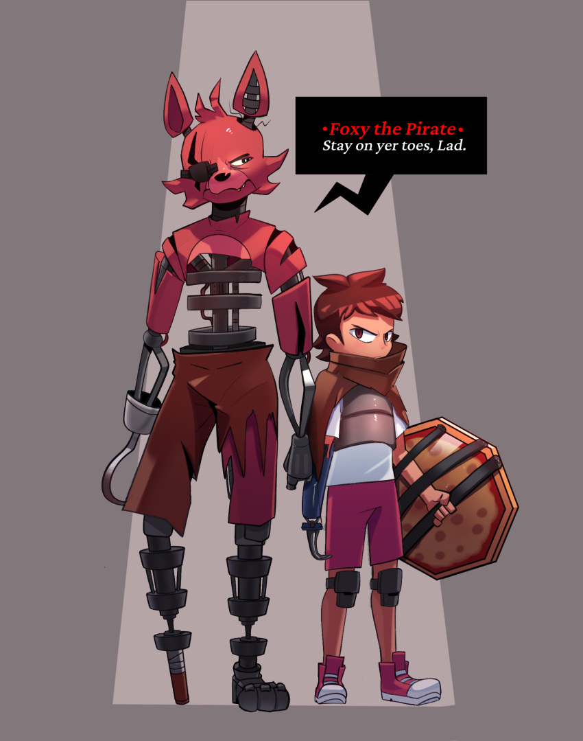 animatronic anthro armor bottomwear breastplate brown_hair canid canine child clothing dialogue duo endoskeleton english_text exposed_endoskeleton eye_patch eyewear five_nights_at_freddy's fox foxy_(fnaf) hair hi_res hook_hand human knee_pads machine male mammal metallic_body miscuitsxd pants pegleg pirate red_body robot scarf scottgames shield shorts size_difference text torn_bottomwear torn_clothing torn_pants video_games young