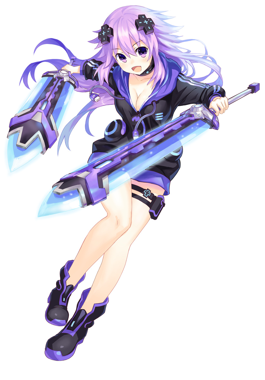 absurdres adult_neptune artanis_(yreu5253) bad_id bad_pixiv_id blush breasts cleavage d-pad d-pad_hair_ornament dual_wielding hair_ornament highres holding holding_weapon hood hooded_track_jacket jacket large_breasts long_hair looking_at_viewer neptune_(series) purple_eyes purple_hair shin_jigen_game_neptune_vii smile solo sword track_jacket weapon