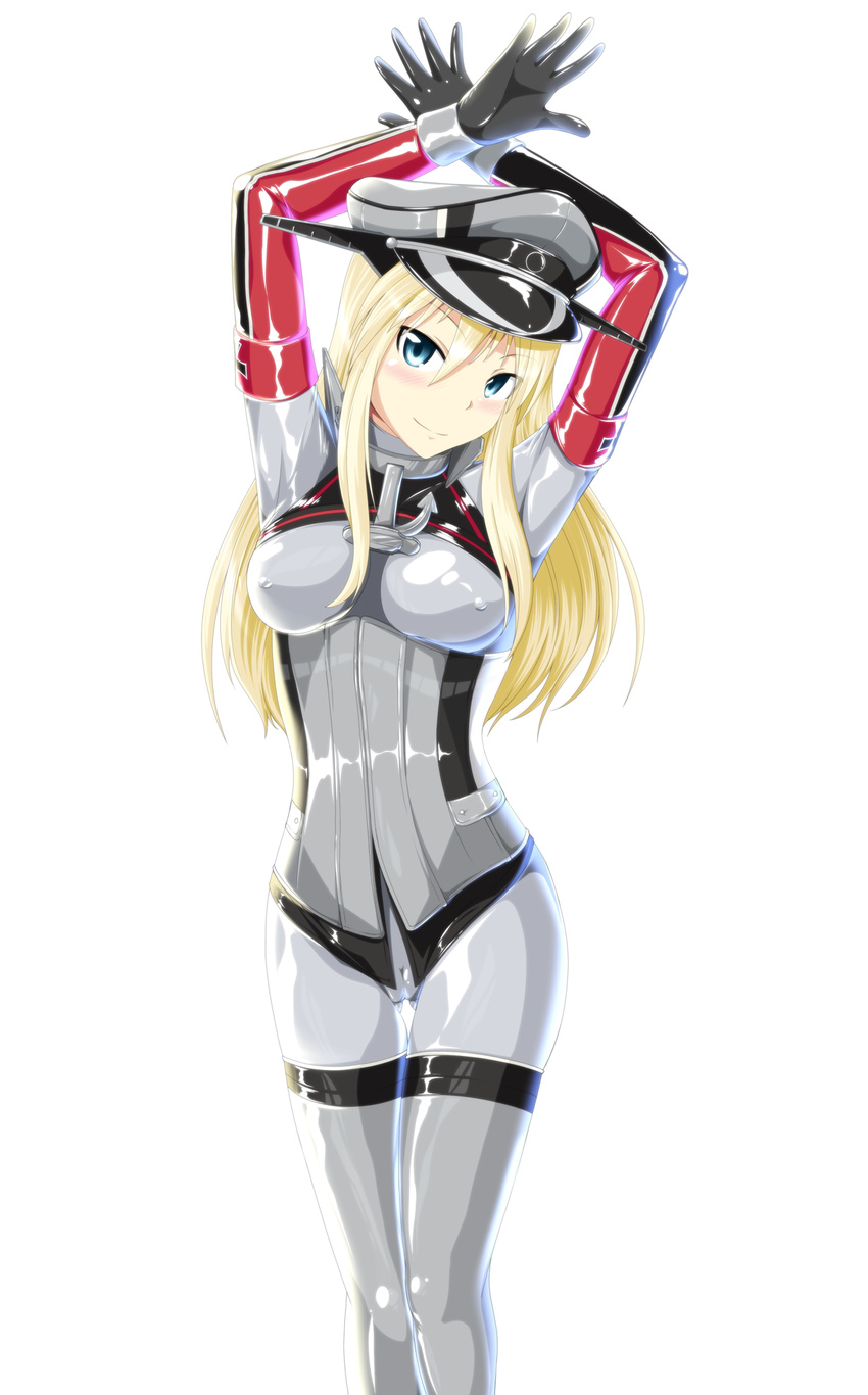 adapted_costume arms_up bismarck_(kantai_collection) blonde_hair blue_eyes bodysuit breasts corset covered_nipples eyebrows_visible_through_hair hat highres kantai_collection latex latex_bodysuit long_hair peaked_cap shiny shiny_clothes skin_tight skirt smile tamakko thigh_gap white_background