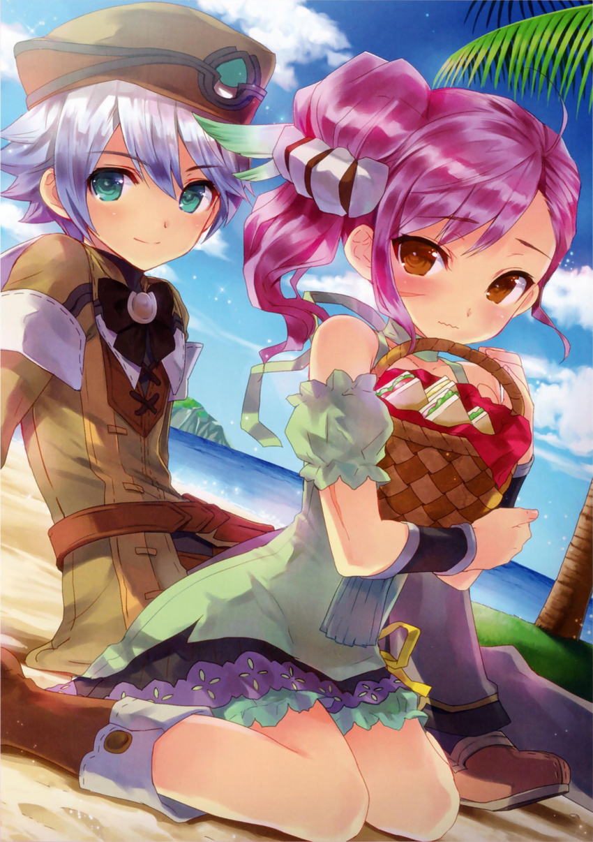 &gt;:) 1girl ahoge arm_support asymmetrical_bangs azel_(rune_factory) bangs bare_shoulders basket beach belt black_bow blush boots bow brown_eyes brown_footwear brown_hat closed_mouth cloud collarbone day detached_sleeves dress dutch_angle facial_scar food frilled_sleeves frills from_side green_dress green_eyes hair_ornament hair_scrunchie hat highres holding kasukabe_akira looking_at_viewer looking_to_the_side odette_(rune_factory) on_ground outdoors palm_tree pants picnic puffy_short_sleeves puffy_sleeves purple_hair rune_factory rune_factory_oceans sand sandwich scan scar scar_on_cheek scrunchie shoes short_sleeves side_ponytail silver_hair sitting sky sleeveless sleeveless_dress smile sparkle swept_bangs tree v-shaped_eyebrows wariza water wavy_mouth