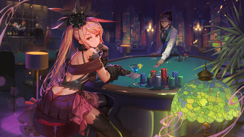 3girls ace_of_spades alphonse_(white_datura) back backless_outfit bangs bar bar_stool bare_shoulders bartender black_gloves black_legwear black_ribbon breasts brown_scarf butt_crack card casino casino_card_table closed_eyes closed_mouth cocktail cocktail_glass commentary_request croupier cup dress drinking_glass eyelashes floor_lamp forever_7th_capital from_behind fur_trim gloves hair_bun hair_ribbon high_ponytail highres indoors lamp leaning_forward light_particles lime_slice long_hair long_sleeves looking_at_viewer looking_back medium_breasts multiple_boys multiple_girls neck_ribbon orange_eyes pink_hair playing_card poker_chip ribbon scarf shelf sitting smile solo_focus stained_glass stool thighhighs very_long_hair waistcoat wallpaper wine_glass