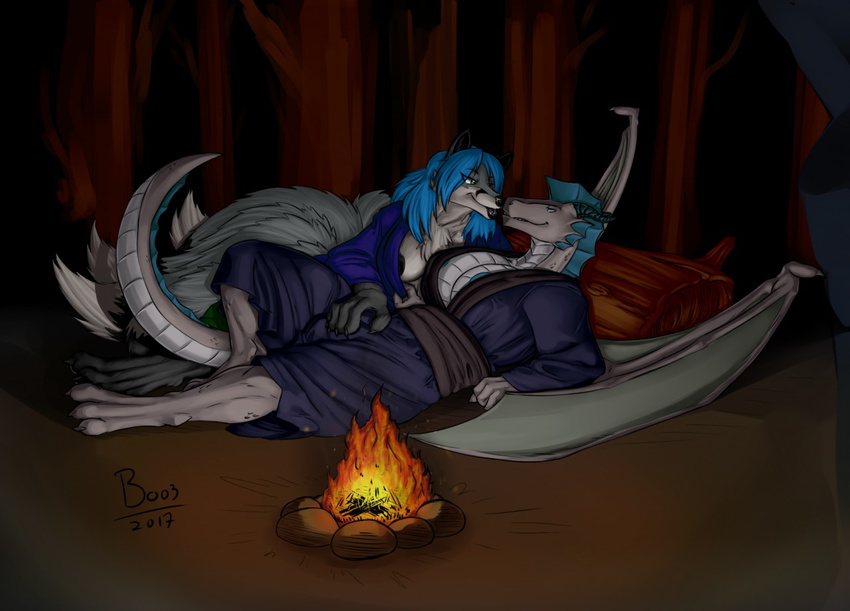 aleu_moonshadow anthro boo3 breasts bulge campfire canine clothing coal-heart dickgirl dragon female fox fur hair intersex japanese_clothing kimono lateinshowing long_hair mammal multi_tail nimbus wings