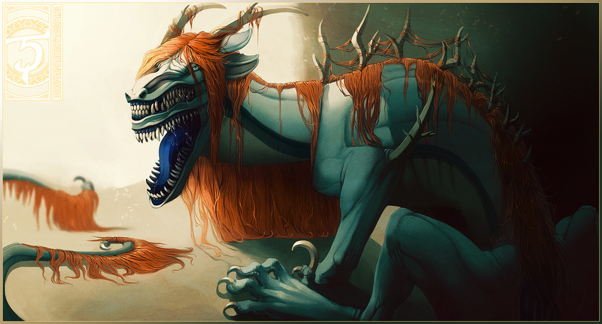 2013 blue_eyes blue_tongue claws digital_media_(artwork) dragon feral hair open_mouth shinerai solo teeth tongue