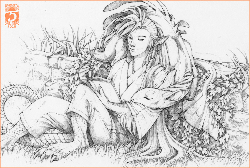 2015 barefoot claws clothed clothing dragon duo eyes_closed feral grass hair hybrid shinerai sitting