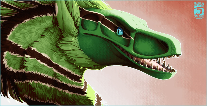 2015 blue_eyes digital_media_(artwork) dragon feral fur furred_dragon gradient_background green_fur green_hair hair open_mouth shinerai simple_background solo teeth tongue