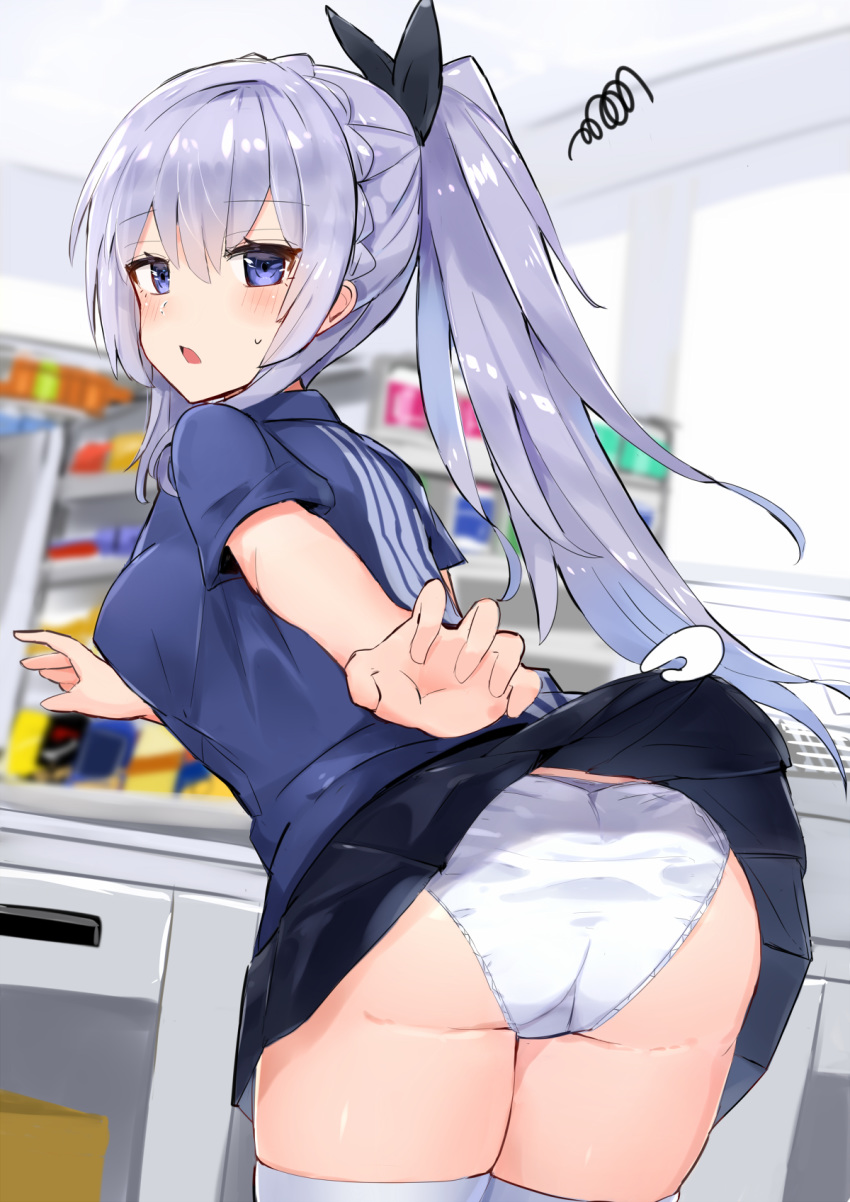 1girl ass azur_lane black_skirt blue_eyes blurry blurry_background braid commentary_request cowboy_shot crown_braid depth_of_field employee_uniform eyebrows_visible_through_hair highres indoors lavender_hair lawson long_hair looking_at_viewer magic_hand panties pantsu pleated_skirt rodney_(azur_lane) skirt skirt_lift solo squiggle thighhighs underwear uniform very_long_hair wardrobe_malfunction white_legwear white_panties xenonstriker