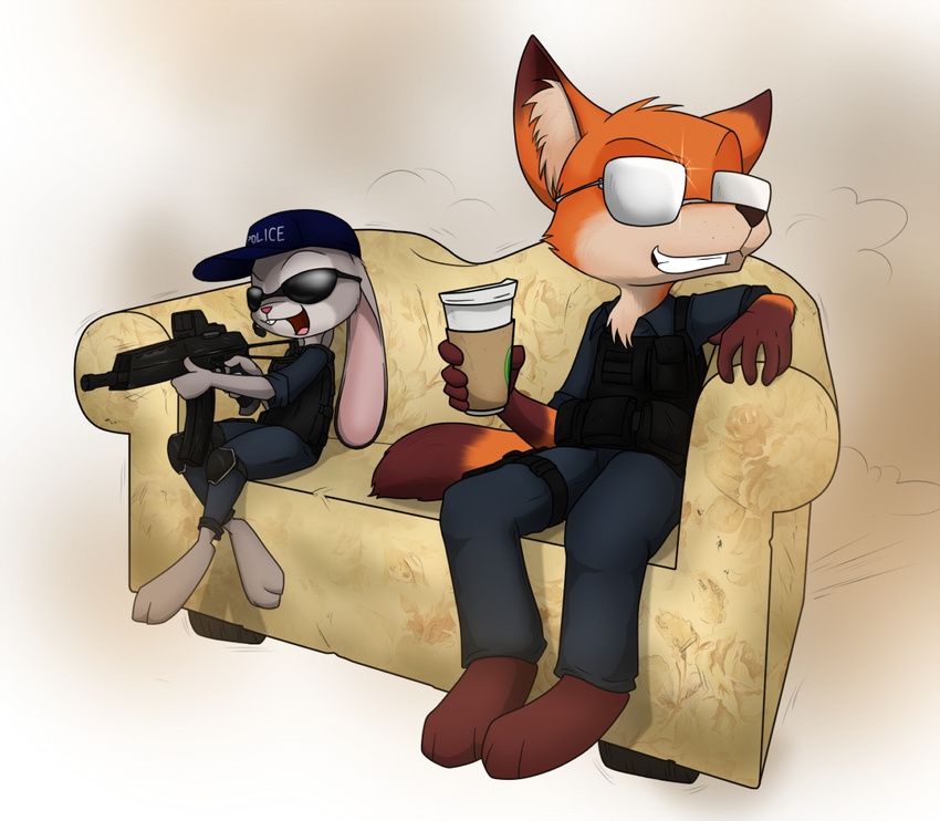 2016 anthro battlefield beverage bulletproof_vest canine clothed clothing coffee cup disney duo english_text eyewear female fox gun hat holding_object holding_weapon judy_hopps lagomorph male mammal nick_wilde open_mouth open_smile parody police_uniform rabbit ranged_weapon rifle sandwich-anomaly sitting smile sofa sunglasses text uniform vehicle weapon zootopia