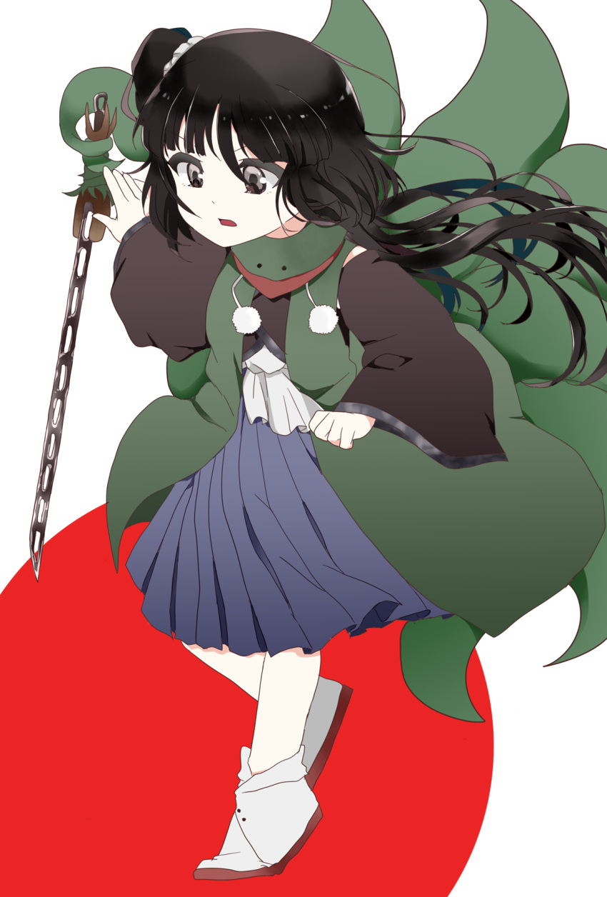 1other adagumo_no_yaorochi androgynous bare_shoulders black_hair black_kimono blue_hakama blunt_bangs bottle_opener brown_footwear circle clenched_hand commentary_request detached_sleeves dot_nose floating_hair full_body green_jacket green_scarf grey_eyes hair_between_eyes hair_ornament hair_scrunchie hakama hakama_skirt highres jacket japanese_clothes jinbaori kijipoko kimono len'en long_sleeves looking_ahead multiple_tails open_mouth other_focus outstretched_arm pom_pom_(clothes) prehensile_tail red_scarf sandals scarf scrunchie short_kimono side_ponytail skirt sleeveless sleeveless_kimono snake_tail socks solo sword_of_kusanagi tail tasouken white_background white_scrunchie white_socks wide_sleeves wind
