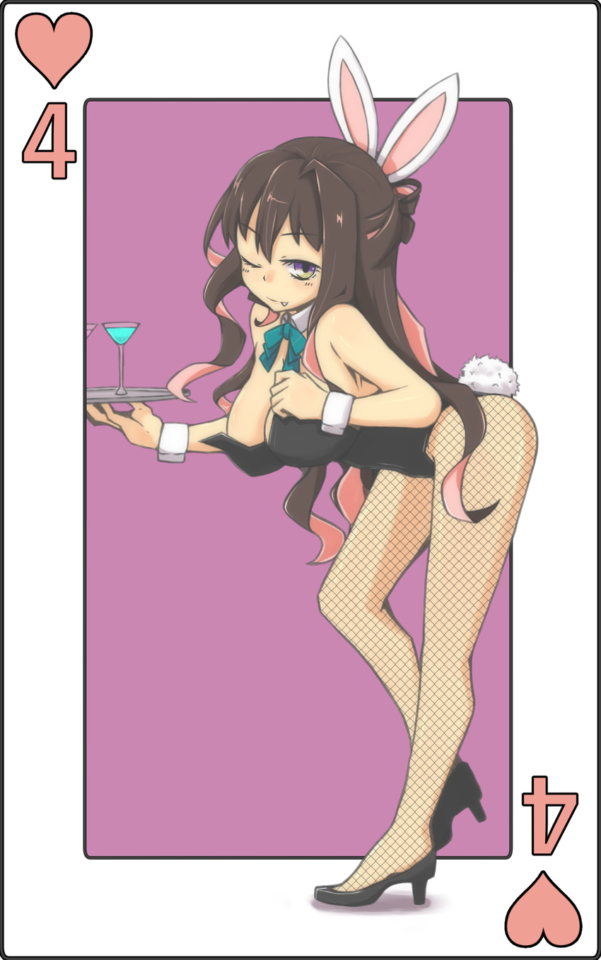 alternate_costume animal_ears blue_bow bow breasts brown_hair bunny_ears bunny_tail bunnysuit card cleavage cocktail_glass cup drinking_glass eyelashes fang fishnet_pantyhose fishnets four_of_hearts high_heels highres holding holding_tray kantai_collection large_breasts leaning_forward long_hair looking_at_viewer macbail multicolored_hair naganami_(kantai_collection) one_eye_closed pantyhose pink_hair playing_card pumps purple_background solo tail tray two-tone_hair unmoving_pattern very_long_hair wavy_hair wrist_cuffs yellow_eyes