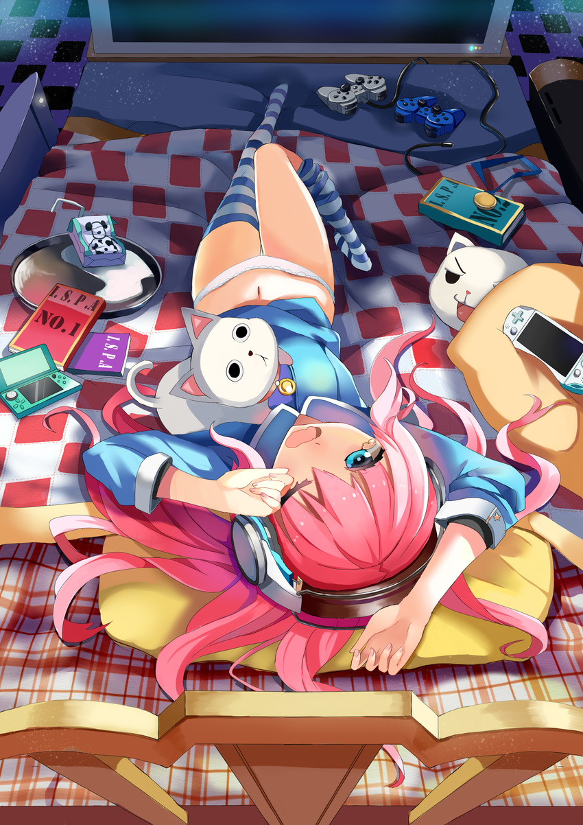 absurdres blue_eyes blue_shirt book copyright_request drinking_straw from_above from_behind handheld_game_console headphones highres long_hair lying medal milk_carton navel nintendo_ds no_pants on_back on_bed one_eye_closed open_mouth panties pink_hair playstation_controller playstation_vita qihai_lunpo rubbing_eyes shirt solo spilled_milk striped striped_legwear stuffed_animal stuffed_cat stuffed_toy tears television thighhighs tile_floor tiles tray underwear white_panties