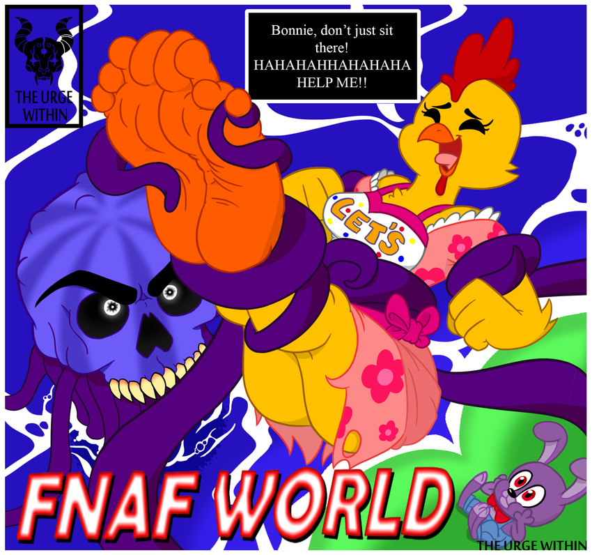 &lt;3 2017 4_toes animatronic anthro apron avian bird bonnie_(fnaf) bow_tie breasts cephalopod chica_(fnaf) chicken clothing dress female five_nights_at_freddy's five_nights_at_freddy's_world foot_fetish foot_focused lagomorph laugh lily_pad machine male mammal marine non-mammal_breasts overalls plant rabbit robot rodent seagoon_(fnaf_world) soles squid tentacles text the_urge_within tickling toes video_games water