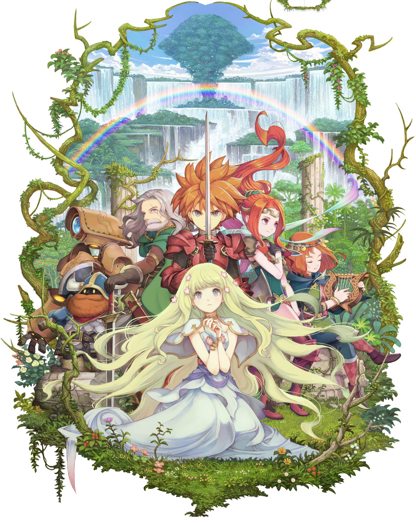 beard blonde_hair closed_eyes dress facial_hair floating_hair flower gloves haccan hair_flower hair_ornament hands_clasped harp highres holding holding_sword holding_weapon instrument kneeling long_hair looking_at_viewer official_art outdoors own_hands_together ponytail rainbow red_hair robot seiken_densetsu smile standing sword very_long_hair water waterfall weapon
