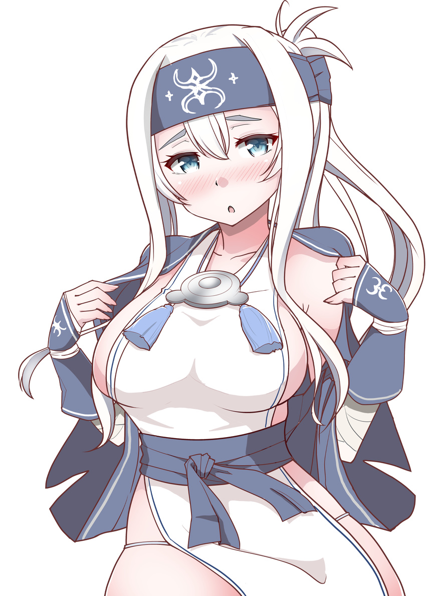 ainu ainu_clothes bandana blue_eyes blush breasts commentary_request cropped_jacket dress folded_ponytail headband highres kamoi_(kantai_collection) kantai_collection kirigakure_(kirigakure_tantei_jimusho) large_breasts long_hair long_sleeves looking_at_viewer open_mouth sideboob sidelocks simple_background sleeveless sleeveless_dress solo white_background white_dress white_hair wrist_guards