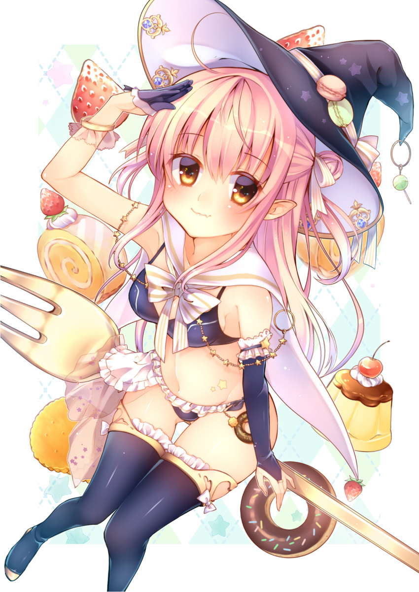 ahoge asymmetrical_gloves asymmetrical_sleeves bikini black_bikini black_bra black_gloves black_hat black_legwear blush bra breasts bridal_gauntlets cake chihiro_(khorosho) eyebrows_visible_through_hair food frilled_bikini frills gloves hair_ribbon half_gloves hat highres jewelry long_hair looking_at_viewer magical_girl million_arthur_(series) pink_hair ribbon ring salute sideboob small_breasts smile solo striped striped_ribbon swimsuit thighhighs underwear white_ribbon witch_hat yellow_eyes