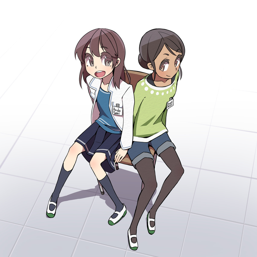 andou_saki bad_id bad_pixiv_id black_hair black_legwear brown_eyes brown_hair chair dark_skin deepa_mitra hair_bun highres indian kneehighs long_hair looking_at_viewer multiple_girls name_tag new_horizon open_mouth pantyhose revision shoes shorts sitting skirt smile sweater syego twitter_username uwabaki