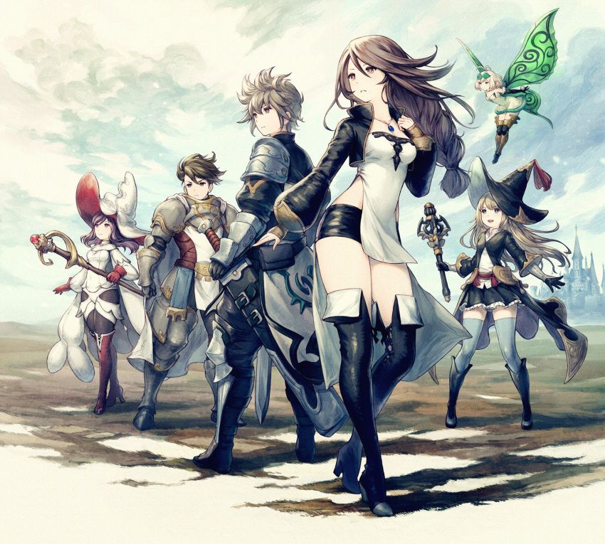 2boys 4girls antenna_hair armor artist_request bare_shoulders black_coat black_footwear black_gloves black_hat black_jacket black_legwear black_pants black_shirt black_shorts black_skirt blue_eyes boots braid bravely_default:_fairy's_effect bravely_default_(series) breastplate brown_eyes brown_hair cape character_request coat commentary_request cropped_jacket dress elbow_gloves eyewear_on_head fairy fairy_wings flying full_armor full_body fur_trim gauntlets gem glasses gloves green_eyes grey_legwear hand_on_own_chest hat high_heels highres jacket jewelry knee_boots long_hair miniskirt multiple_boys multiple_girls official_art outdoors pants pauldrons pendant pointy_ears red_footwear red_gloves red_legwear rinne_(bravely_default) sheath sheathed shirt short_dress short_hair short_shorts shorts side_slit skirt smile staff strapless strapless_dress sword thigh_boots thighhighs wand weapon white_cape white_dress white_hair white_hat white_shirt wings witch_hat