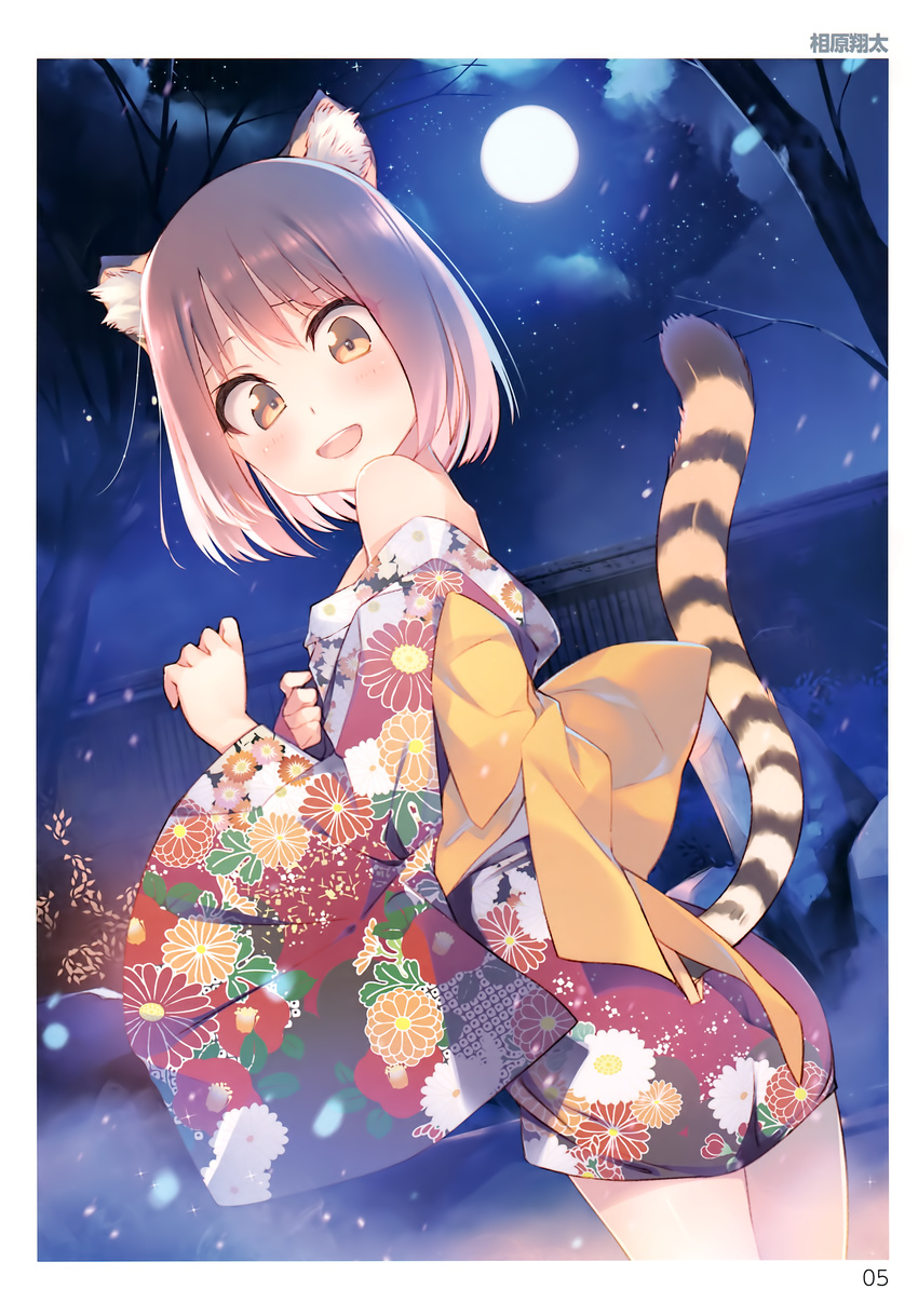 absurdres aihara_shouta animal_ears bare_shoulders dutch_angle floral_print from_side full_moon hand_on_own_chest highres japanese_clothes kimono light_brown_eyes moon night obi off_shoulder outdoors pink_hair sash scan smile solo tail tiger_ears tiger_tail toranoana