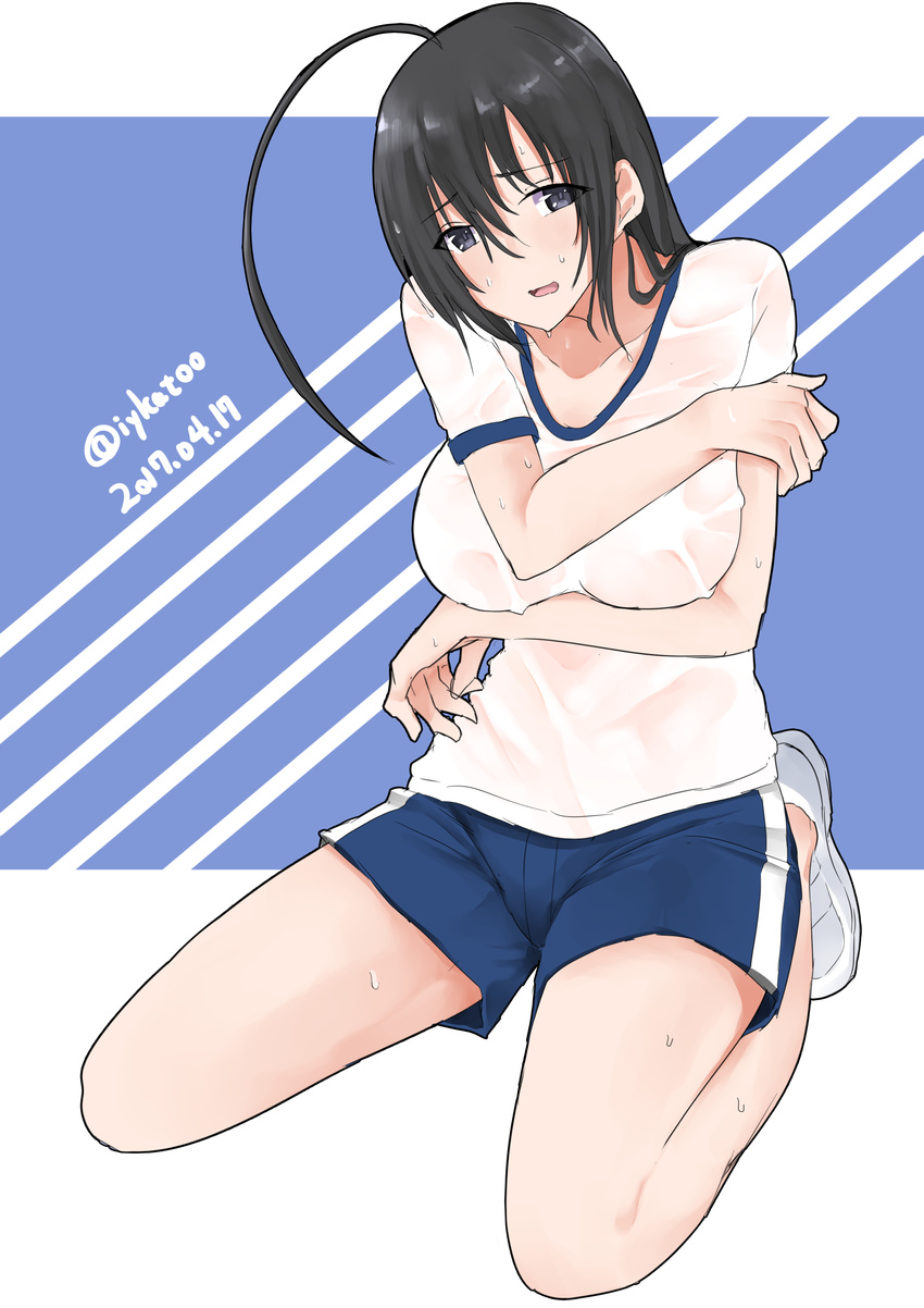 absurdres ahoge bangs blue_shorts breast_hold breasts commentary_request crossed_arms dated full_body girls_und_panzer gym_shirt gym_shorts gym_uniform highres irukatto isuzu_hana kneeling large_breasts long_hair looking_at_viewer parted_lips shirt shoes short_shorts short_sleeves shorts single_vertical_stripe sketch sneakers solo sweat twitter_username white_footwear white_shirt