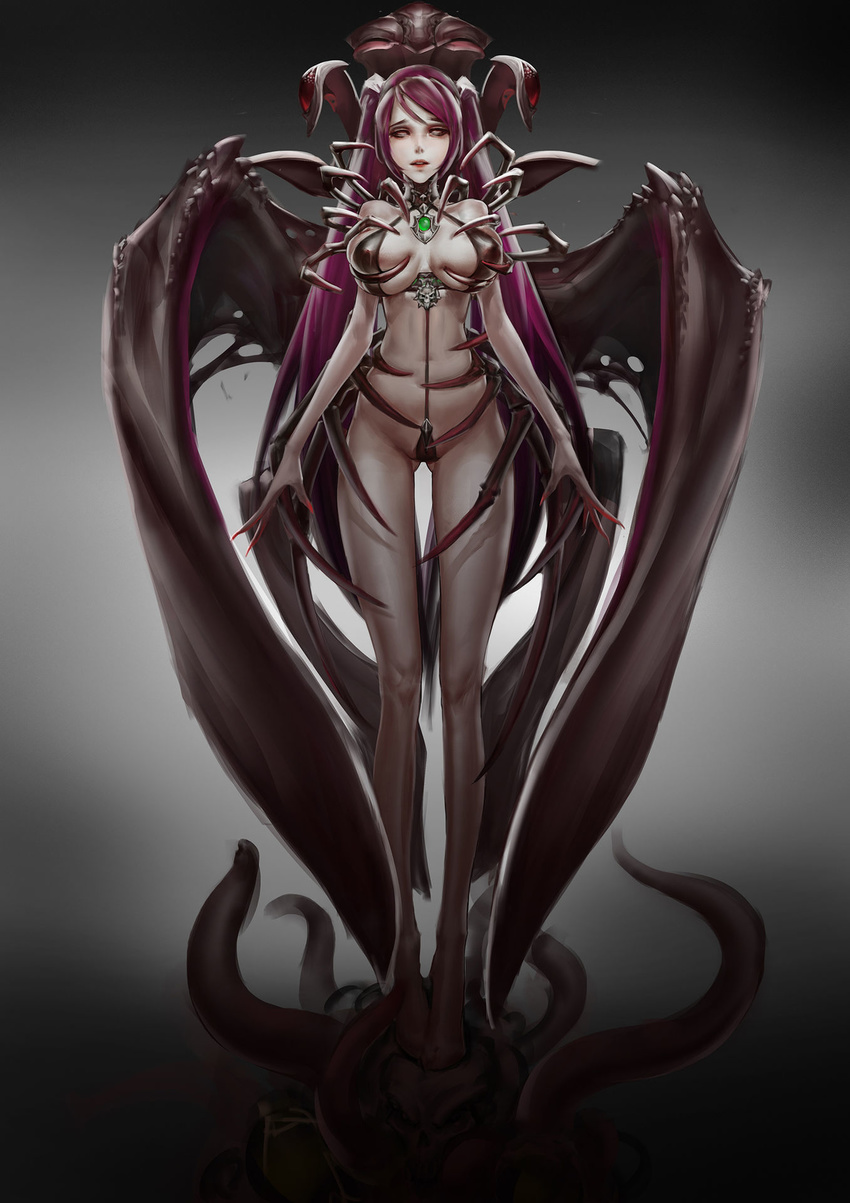 1girl barefoot bikini breasts brooch full_body gradient_background kww868 large_breasts long_nails looking_at_viewer microbikini monster nail_polish no_pupils original parted_lips pink_hair red_nails simple_background skull skull_ornament solo tentacle twintails very_long_hair