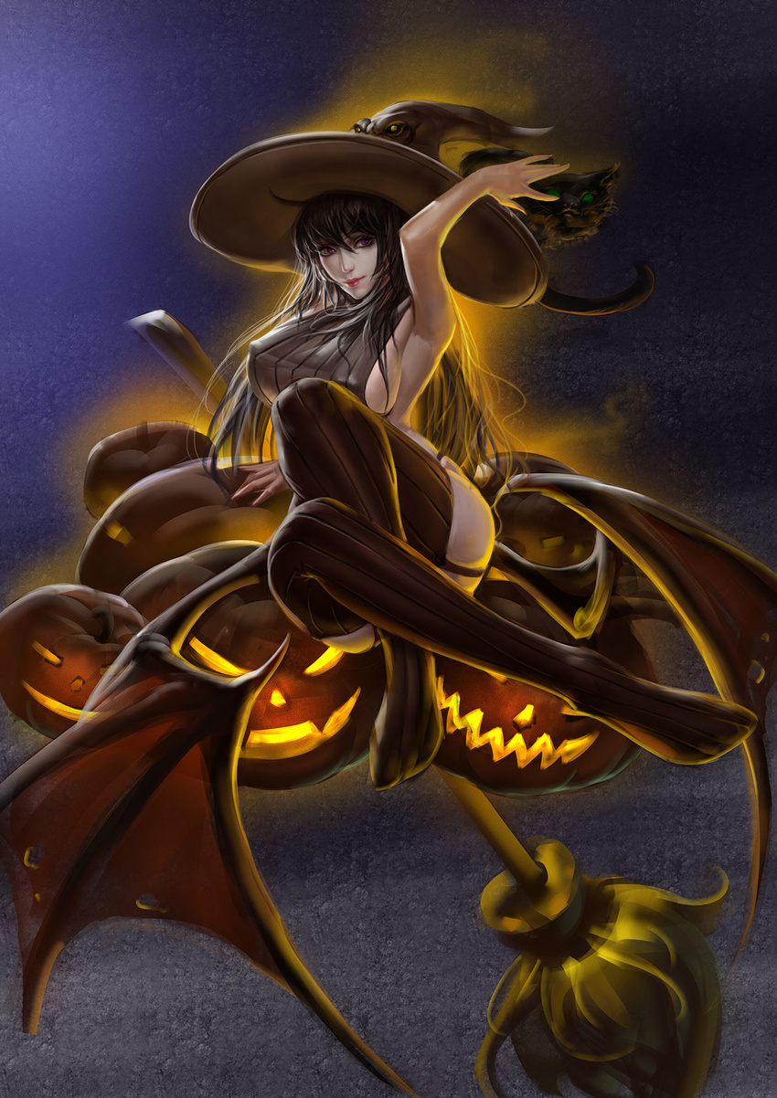 1girl animal_on_hat animal_on_head arm_support arm_up armpits bangs black_cat black_hair breasts broom_riding cat demon_wings floating garter_straps haloween hip_wings jack-o'-lantern kww868 large_breasts long_hair looking_at_viewer no_bra no_shoes original outdoors ribbed_legwear ribbed_sweater sideboob sleeveless_sweater solo thighhighs wings witch_broom witch_hat
