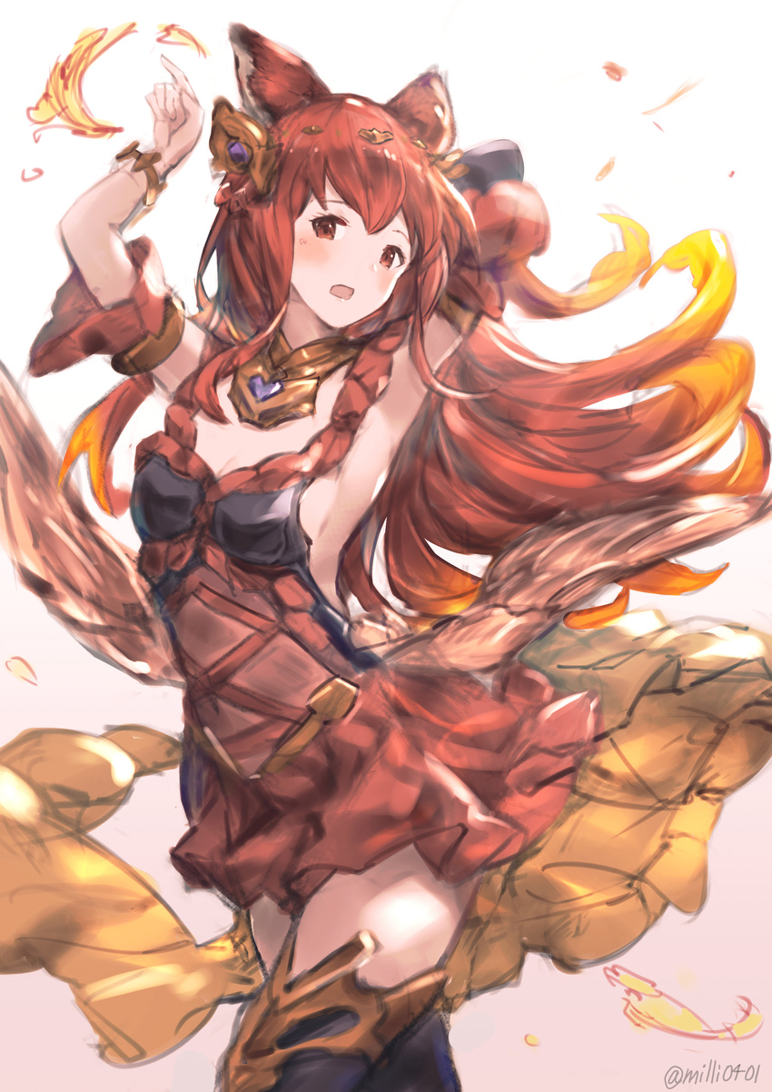 absurdres animal_ears anthuria armpits fire granblue_fantasy hair_ornament highres md5_mismatch milli_little red_eyes red_hair skirt solo thighhighs