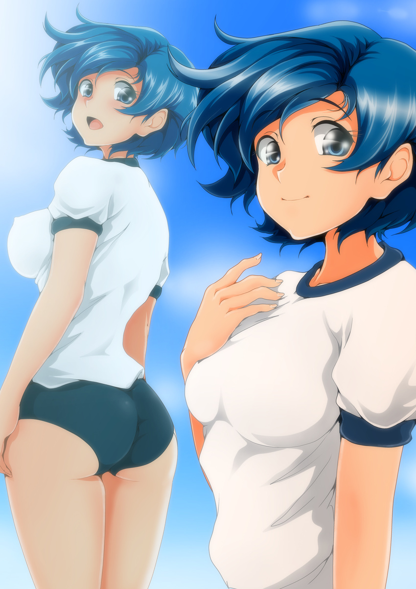 absurdres ass bangs bishoujo_senshi_sailor_moon blue_buruma buruma closed_mouth commentary_request cowboy_shot from_behind gym_shirt gym_uniform highres looking_at_viewer looking_back mizuno_ami multiple_views nanashi_noiji open_mouth sailor_mercury shirt short_hair short_sleeves smile standing t-shirt upper_body white_shirt