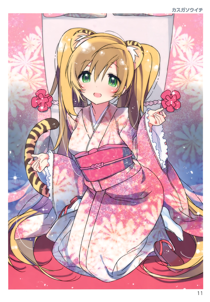 :d absurdres animal_ears blonde_hair blush breasts eyebrows_visible_through_hair frill_trim full_body green_eyes hair_between_eyes head_tilt highres japanese_clothes kasuga_souichi kimono kneeling long_hair long_sleeves looking_at_viewer medium_breasts number obi open_mouth page_number sash silhouette smile solo sparkle striped_tail tabi tail tiger_ears tiger_tail toranoana twintails very_long_hair white_legwear wide_sleeves