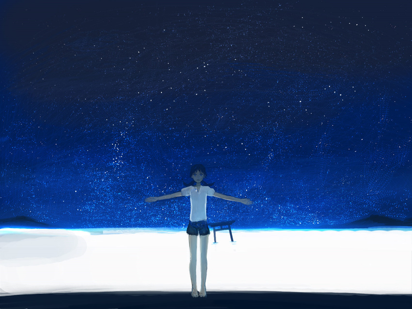 barefoot blue_eyes narutaru night night_sky ocean outstretched_arms revision shirt shorts sime_(echo) sky solo spread_arms star_(sky) starry_sky t-shirt tamai_shiina torii twintails