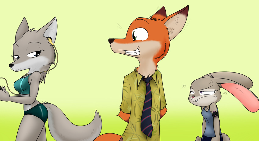 2016 anger_vein angry anthro armband breasts buckteeth butt canine clothed clothing cute_fangs disney earbuds female fox gradient_background group headphones inner_ear_fluff jealous judy_hopps lagomorph male mammal neck_tuft necktie nick_wilde rabbit sandwich-anomaly shirt simple_background smile tank_top teeth tuft wolf zootopia