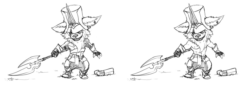 axe battle_axe blind_eye bristol clothed clothing doublt_bitted_axe fur holding_object holding_weapon kled_(lol) league_of_legends male melee_weapon polearm riot_games scar simple_background standing topless video_games weapon white_fur yordle