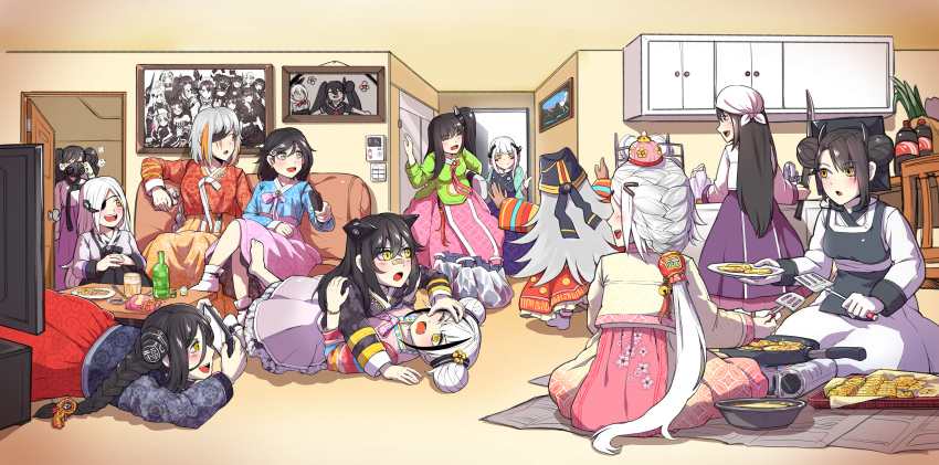 6+girls absurdres agent_(girls_frontline) alchemist_(girls_frontline) alternate_costume alternate_hairstyle architect_(girls_frontline) bag bandaid bandaid_on_nose bandanna black_hair bottle cellphone chinese_new_year colorized commentary_request cooking cup destroyer_(girls_frontline) double_bun dreamer_(girls_frontline) drinking drinking_glass elisa_(girls_frontline) executioner_(girls_frontline) eyepatch fighting five-seven_(girls_frontline) frying_pan gager_(girls_frontline) girls_frontline groceries hair_ribbon hanbok highres huge_filesize hunter_(girls_frontline) intruder_(girls_frontline) judge_(girls_frontline) kitchen kokukyukeo korean_clothes korean_commentary m16a1_(girls_frontline) multicolored_hair multiple_girls new_year ouroboros_(girls_frontline) phone plate playing_games ponytail ribbon sangvis_ferri scarecrow_(girls_frontline) shopping_bag skillet smartphone streaked_hair television twintails two-tone_hair watching_television white_hair wine_bottle