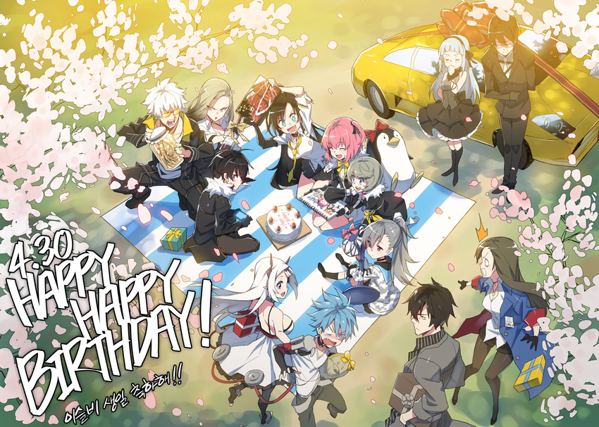 5boys 6+girls ^_^ ahoge asymmetrical_bangs bangs birthday birthday_cake black_hair black_legwear blue_eyes blue_hair blush brown_eyes butler cake car closed_eyes closers coat drawing expressionless fang food formal gift glaring glasses grey_hair ground_vehicle hairband happy_birthday harpy_(closers) highres holding holding_food horns hyde_(closers) j_(closers) jacket jar kim_yujeong kneehighs levia_(closers) long_hair looking_at_another looking_to_the_side meat mistelteinn motor_vehicle multiple_boys multiple_girls nata_(closers) open_clothes open_coat open_jacket open_mouth outdoors pants pantyhose petals picnic pink_hair ponytail red_eyes sanpaku seha_lee semi-rimless_eyewear seulbi_lee silver_hair sitting sketchbook solid_circle_eyes standing straight_hair suit sunglasses supernew teeth trainer_(closers) tsurime under-rim_eyewear violet_(closers) white_hair