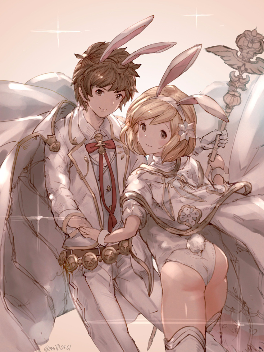 1girl animal_ears ass blazer blonde_hair bunny_ears bunny_tail cape djeeta_(granblue_fantasy) fake_animal_ears formal gran_(granblue_fantasy) granblue_fantasy granblue_fantasy_(style) hairband highres jacket leotard milli_little sage_(granblue_fantasy) short_hair staff suit tail thighhighs