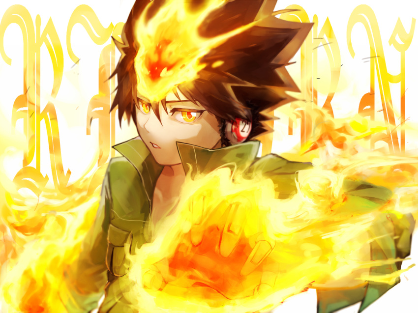 1boy brown_hair collarbone commentary_request fire from_side gloves green_jacket headphones jacket katekyo_hitman_reborn! looking_at_viewer magic male_focus mowar25 open_clothes open_jacket sawada_tsunayoshi short_hair short_sleeves solo spiked_hair teeth title upper_body yellow_eyes