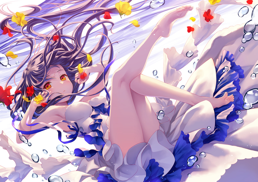 air_bubble armpits bare_shoulders barefoot black_hair breasts bubble commentary_request dress long_hair medium_breasts ne-on orange_eyes original petals solo submerged underwater white_dress