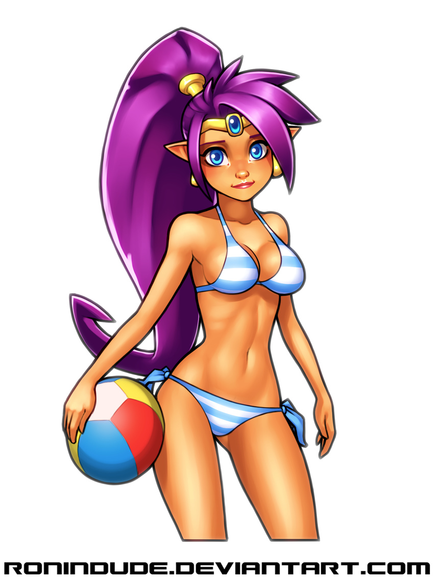 bikini blue_eyes dark_skin earrings highres jewelry long_hair looking_at_viewer pointy_ears ponytail purple_hair ronindude shantae_(character) shantae_(series) solo striped striped_bikini swimsuit tiara