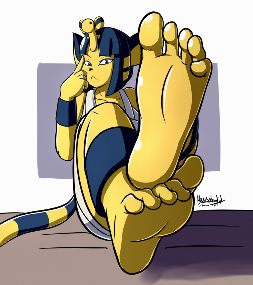 2017 5_toes animal_crossing ankha annoyed anthro barefoot blue_hair cat egyptian feet feline female foot_focus hair hi_res howsplendid mammal nintendo solo toes video_games