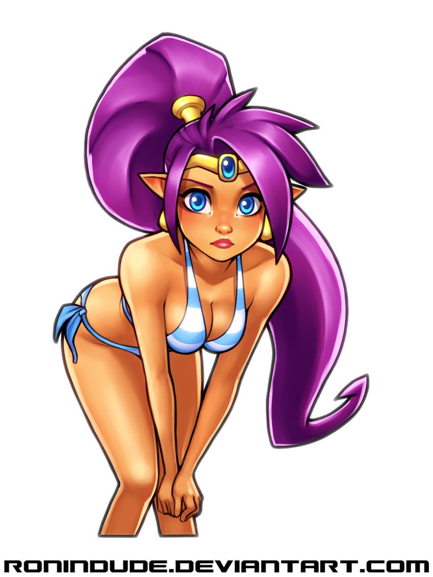 bikini blue_eyes dark_skin earrings highres jewelry long_hair looking_at_viewer pointy_ears ponytail purple_hair ronindude shantae_(character) shantae_(series) solo striped striped_bikini swimsuit tiara