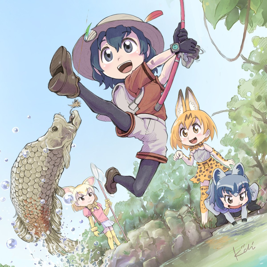 animal_ears backpack bag black_gloves black_hair blush bow bowtie butterfly_net common_raccoon_(kemono_friends) fennec_(kemono_friends) fish fishing fishing_hook fishing_line fishing_rod fox_ears fox_tail gloves hair_between_eyes hand_net hat hat_feather helmet highres holding holding_fishing_rod jungle kaban_(kemono_friends) kemono_friends kiichi leaf lucky_beast_(kemono_friends) multicolored_hair multiple_girls nature net open_mouth pantyhose parody pith_helmet raccoon_ears raccoon_tail red_shirt serval_(kemono_friends) serval_ears serval_print serval_tail shirt short_hair short_sleeves shorts skirt smile tail tree tsurikichi_sanpei watch water wavy_hair