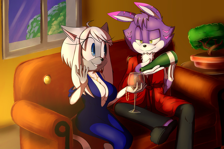 alcohol anthro beverage blue_eyes bluechika butt cat cheshire_thaddeus_felonious clothed clothing cup dress duo feline female fur hair holding_object mammal meiko_(bluechika) open_mouth open_smile siamese smile wine