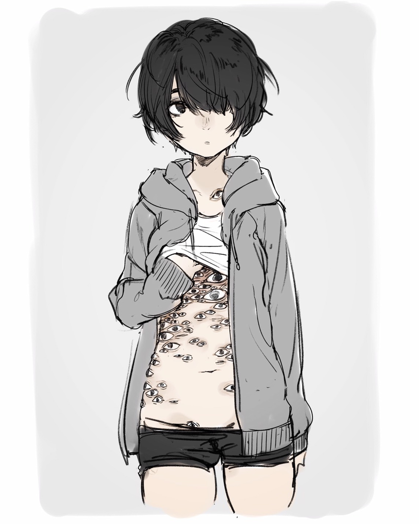 bad_id bad_pixiv_id black_eyes black_hair black_shorts commentary_request extra_eyes grey_background hair_over_one_eye highres hood hoodie messy_hair navel open_clothes open_hoodie original ouchi_kaeru parted_lips partial_commentary shirt_lift short_hair short_shorts shorts simple_background sketch sleeves_past_wrists solo tank_top trypophobia two-tone_background very_short_hair white_background